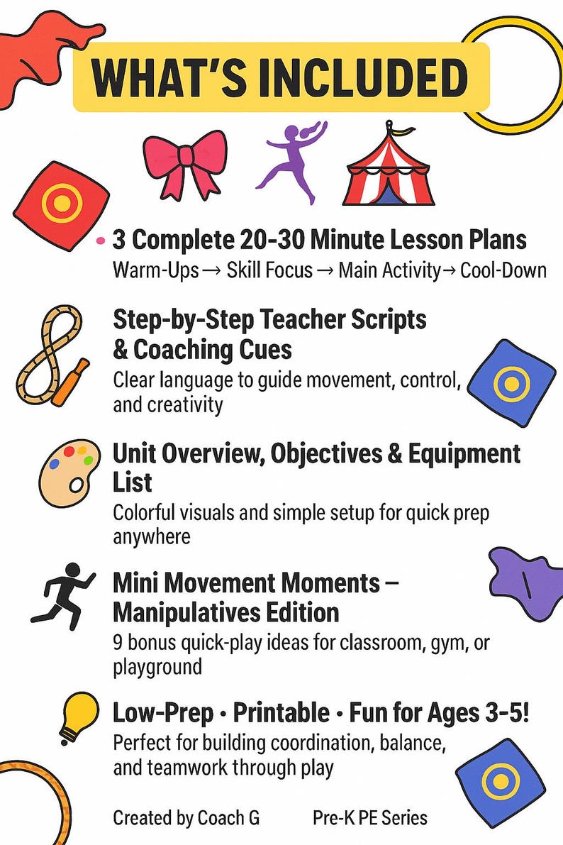 May include: An educational resource graphic with the title "WHAT'S INCLUDED" in yellow. The image lists lesson plans, teacher scripts, unit overviews, and movement activities. The text also mentions the resource is low-prep, printable, and fun for ages 3-5.