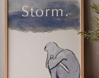 Storm Printable Wall Art | Mental Health Art Print | Moody Blue Abstract | Digital Download | A4 PDF | Minimalist Bedroom Decor