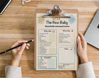 May include: A brown wooden clipboard holding a printed planner titled The New Baby Household command centre. The document features sections labeled Baby today, Mum today, Household, and Notes, with lines for tracking daily tasks and appointments.