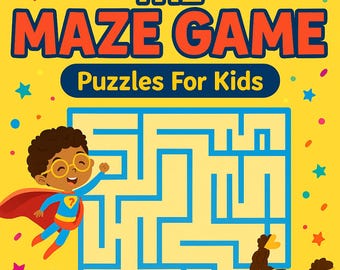 Puede incluir: Portada amarilla de un libro de juegos de laberintos para niños. El título "THE MAZE GAME" está en letras naranjas grandes. La portada presenta un laberinto azul, superhéroes de dibujos animados y el texto "Puzzles For Kids" y "100 Pages of Puzzles for Endless Fun."