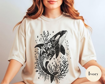 Linosnede boho shirt orca, bloemen oceaan dier T-shirt, Comfort Colors® oversized vintage grafisch tshirt cadeau voor haar, zomer strand shirt orka's