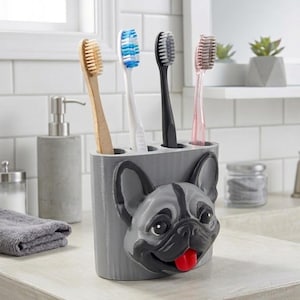 Tandenborstelhouder Franse bulldog - schattige frenchie badkamerdecor, 3D-geprinte hondenpenpot, uniek cadeau voor hondenliefhebbers, puppy ijdelheid organisator