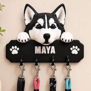 Suporte de coleira personalizado para Husky | Suporte de coleira personalizado para cães | Organizador de parede para Husky Siberiano | Estação de passeio para cães | Porta-coleira e porta-chaves para animais de estimação