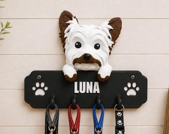 Personalized Yorkshire Terrier Leash Holder | Custom Yorkie Leash Rack with Name | Wall Mounted Organizer | Yorkie Decor | Dog Lover Gift