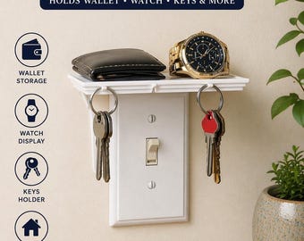Light Switch Cover with Shelf & Key Hooks | Shelf Organizer | Wall Key Holder | Holds Wallet Watch Keys | Entryway Storage