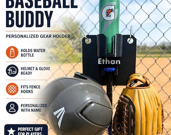 Baseball Buddy | Personalized, Spacious, Dugout Organizer - Non-Cramped Hook Design – Fence Hanging Gear Holder w/ Bottle Slot