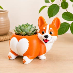 May include: A whimsical orange and white corgi-shaped planter with a succulent plant. The planter features a heart-shaped design on the back and paw prints on the feet. The succulent is a light green color.