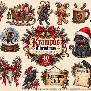 Puede incluir: Un paquete de imágenes prediseñadas digitales con 40 elementos navideños que incluyen una figura de Krampus, un gato negro con gorro de Papá Noel, un hombre de jengibre, un trineo, una bola de nieve, un cuervo, una calavera y letreros de Krampus.