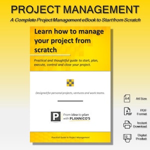 Puede incluir: Anuncio de un libro electrónico de gestión de proyectos. La portada presenta un diseño amarillo y blanco con el título "PROJECT MANAGEMENT" y el texto "Learn how to manage your project from scratch". Incluye iconos para tamaño A4, formato PDF, descarga instantánea y producto digital.