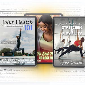 Può includere: Tre tablet digitali che mostrano copertine di libri. Le copertine presentano titoli come "Joint Health 101", "To Eat More To Lose Weight" e "Stretching & Flexibility". La copertina di "Joint Health" mostra una persona in una posa yoga.