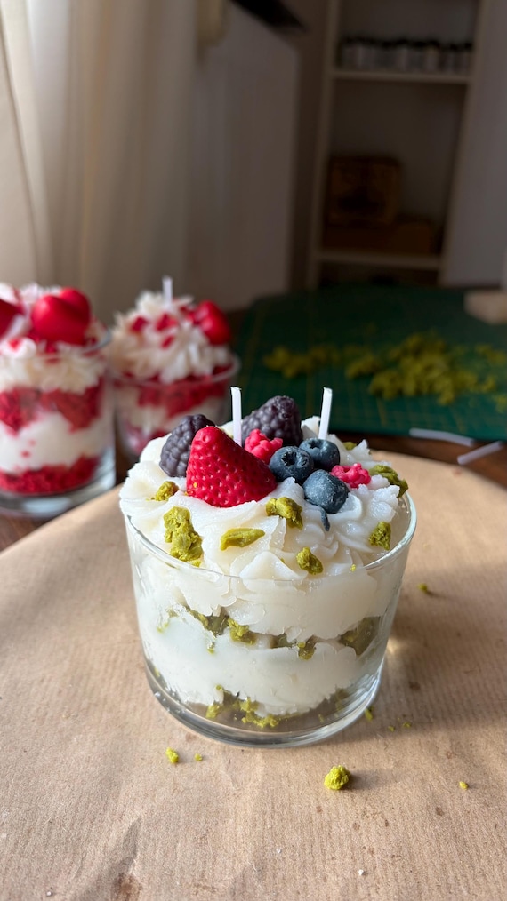 Matcha Forest Berries Dessert Candle – Realistic Soy Wax Food Decor, Hand Poured Gift