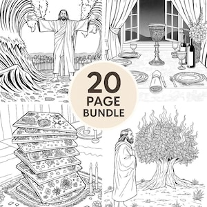 May include: A black and white illustration of a 20-page bundle. The image features religious scenes, including a figure with outstretched arms, a table setting, a stack of decorated items, and a figure near a tree.