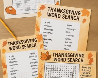 Fun Thanksgiving Activity Pack for Kids | Printable Crossword & Word Search Puzzles | Instant Download