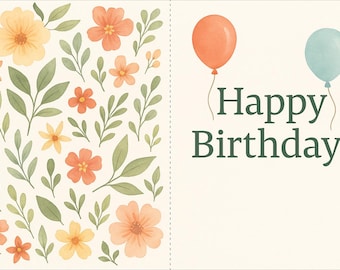 Floral Birthday Card: Watercolor Balloons, DIY Printable (Digital Download)
