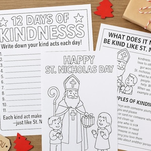 May include: A collection of printable coloring pages and activity sheets for St. Nicholas Day and acts of kindness. Includes pages with text like "12 Days of Kindness" and "Happy St. Nicholas Day". Also includes gift tags and colored pencils.