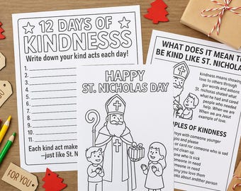 May include: A collection of printable coloring pages and activity sheets for St. Nicholas Day and acts of kindness. Includes pages with text like "12 Days of Kindness" and "Happy St. Nicholas Day". Also includes gift tags and colored pencils.