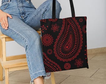 Red Paisley Pattern Tote Bag | Dark Bandana Style All-Over Print