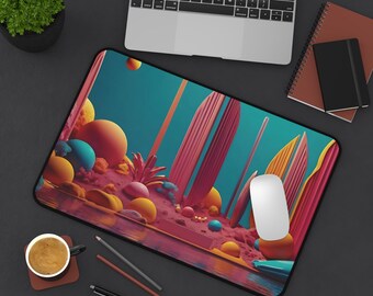 Abstract Colorful Landscape Desk Mat | Retro Neon Shapes Mousepad