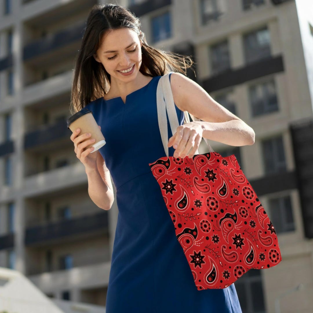 Red paisley canvas tote bag with boho bandana print