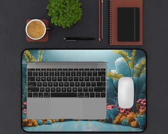 Surreal Sunset Garden Desk Mat | Tropical Plants, Colorful Flowers, Cloudscape