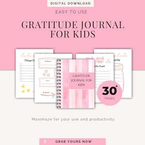 Puede incluir: Una descarga digital de un diario de gratitud para niños. El diario tiene una portada rosa con las palabras "Gratitude Journal for Kids". La imagen muestra el diario abierto con varias páginas visibles, junto con el texto "30+ páginas."