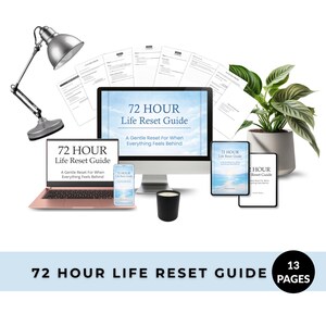 Może przedstawiać: Cyfrowa prezentacja produktu z laptopem, monitorem stacjonarnym, tabletem i smartfonem, wszystkie wyświetlające "72 Hour Life Reset Guide". Tytuł przewodnika jest również wyświetlany na wydrukowanych stronach. Mała czarna świeca i roślina doniczkowa również znajdują się na zdjęciu.
