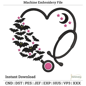 May include: A machine embroidery file design featuring a black stethoscope shaped into a heart. The left side is decorated with multiple black bats and small pink stars. The right side includes a black crescent moon and pink stars. Text reads Machine Embroidery File, Instant Download, and file formats CND, DST, PES, JEF, EXP, HUS, VP3, XXX.