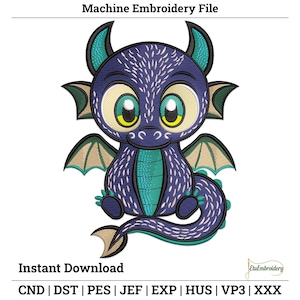 May include: A machine embroidery file featuring a cartoon dragon with large eyes, wings, and a tail. The dragon is primarily blue with teal and tan accents. The text "Machine Embroidery File" and "Instant Download" are at the top and bottom.