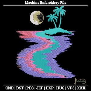 Glitch Sunset Island Embroidery Design – Retro Palm Tree Stitch (Digital Download)