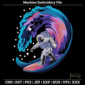 Astronaut Surfing Embroidery Design – Space Wave Pattern (Digital Download)