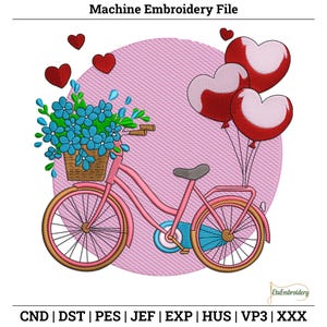 Bicicleta floral con globos de corazón: dulce diseño de bordado a máquina de San Valentín para bolsas de mano, toallas, chaquetas, almohadas y regalos.