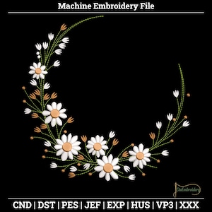 Daisy Crescent Wreath – Delicate Floral Frame Machine Embroidery Design for Gifts and Home Decor.