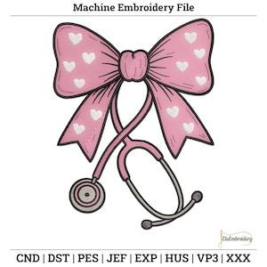Sweet Stethoscope with Pink Coquette Bow – Medical Professional Embroidery Design for Scrubs & Nursing Gifts.