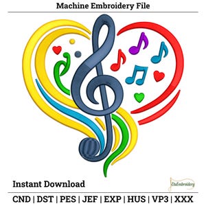 May include: A colorful machine embroidery file design featuring a treble clef and musical notes within a heart shape. The design includes the text "Machine Embroidery File" and "Instant Download". The color palette includes yellow, blue, green, red, and purple.