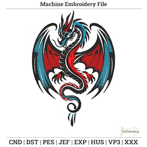 Disegno da ricamo Drago infuocato: modello di ricamo a macchina di creature fantasy per giacche, decorazioni e regali.