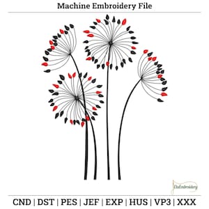 Puede incluir: Archivo de bordado a máquina con un diseño floral estilizado. La imagen muestra cuatro tallos negros con cabezas de flores circulares. Cada cabeza tiene formas de pétalos negros y rojos. El texto "Machine Embroidery File" está en la parte superior.