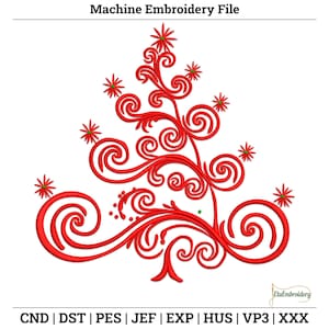 Swirly Red Christmas Tree Embroidery Design – Festive Digital Download – Holiday Machine Embroidery File.