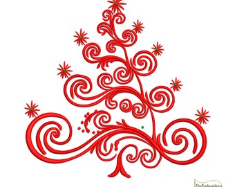 Swirly Red Christmas Tree Embroidery Design – Festive Digital Download – Holiday Machine Embroidery File.