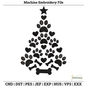 Albero di Natale con impronta di zampa – Disegno per ricamo a macchina a forma di osso di cane per gli amanti degli animali.