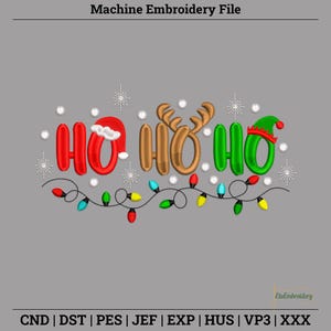Ho Ho Christmas Lights Embroidery Design – Festive Santa, Reindeer, Elf Hats (PES File)