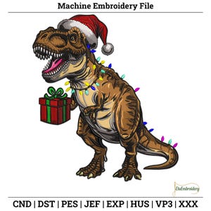 Diseño de bordado navideño de T-Rex: gorro de Papá Noel y luces (descarga digital)