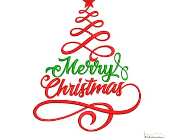 Frohe Weihnachten Baum Stickmuster: Schriftzug Festliche Feiertage (Instant Download)