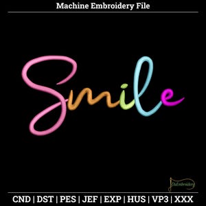 カラフルな笑顔のスクリプト刺繍デザイン - シャツ、タオル、トートバッグ、ジャケット、居心地の良い室内装飾用のハッピーワードアートステッチ。