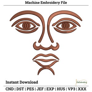 Könnte beinhalten: Eine Maschinenstickdatei mit einem stilisierten braunen Linienkunst-Gesicht. Der Text oben lautet Machine Embroidery File, und der untere Text lautet Instant Download, gefolgt von CND | DST | PES | JEF | EXP | HUS | VP3 | XXX.