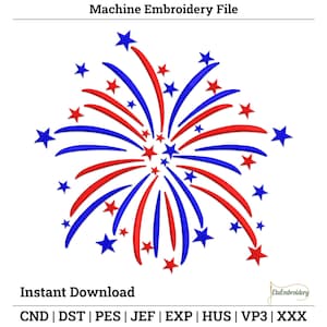 May include: Machine embroidery file featuring a red, white, and blue firework design. The design includes red and blue curved lines radiating from a central point, with star accents. The text "Machine Embroidery File" and "Instant Download" are also included.