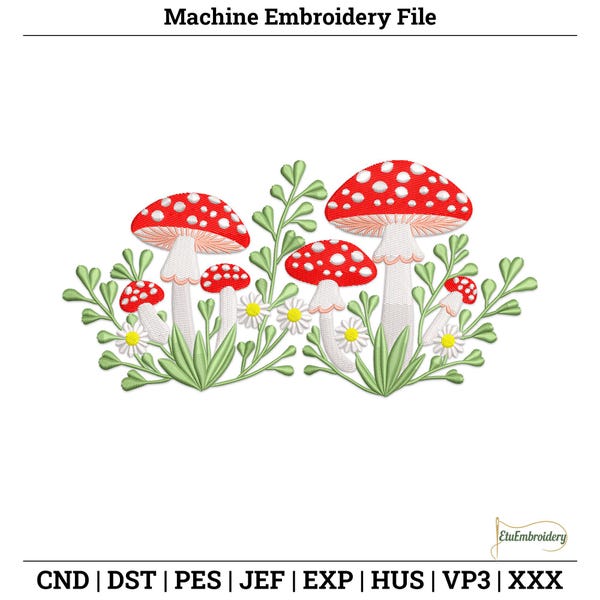 Mushroom Garden Embroidery – Woodland Machine Embroidery Design for Nature-Inspired Home & Clothing.