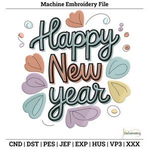 Disegno con ricamo a macchina per augurare buon anno – Citazione festiva con cuori per ricamo a macchina su asciugamani, borse, giacche e decorazioni.