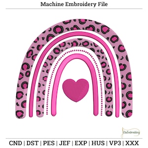 Pink Leopard Regenbogen Herz – süße Stickdatei für Taschen, Jacken, Handtücher & Babyzimmer Deko.