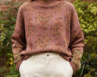Floral Turtleneck Knit Winter Sweater: Women's Cotton Blend Pullover Jumper