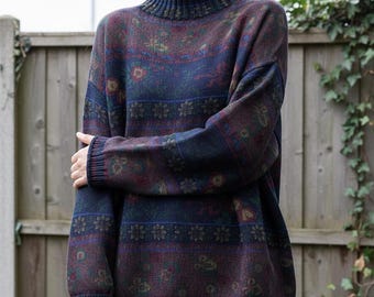 Relaxed Fit Floral Knit Sweater: Turtleneck Retro Style Cotton Winter Jumper